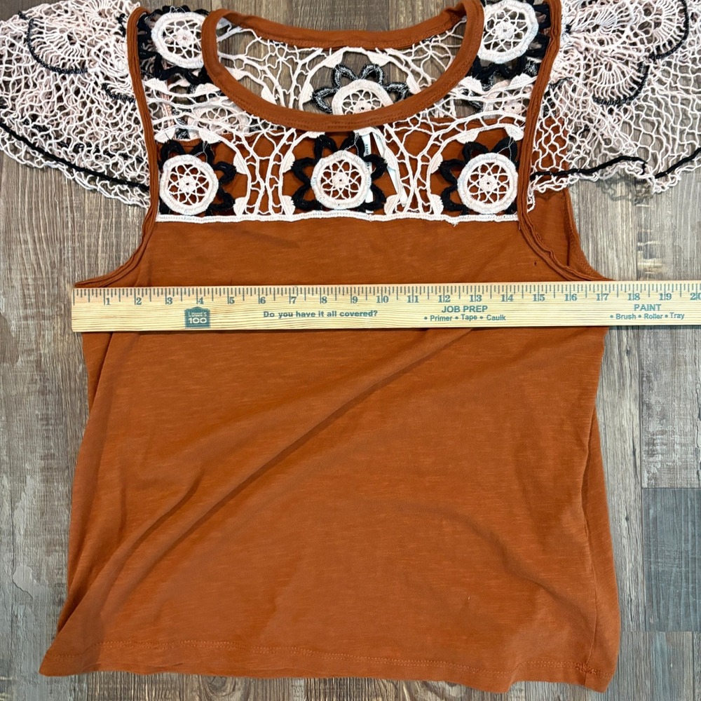 Anthropologie Womens Crochet Lace Flutter Sleeve Top Cotton Burnt Orange Medium - Picture 11 of 15